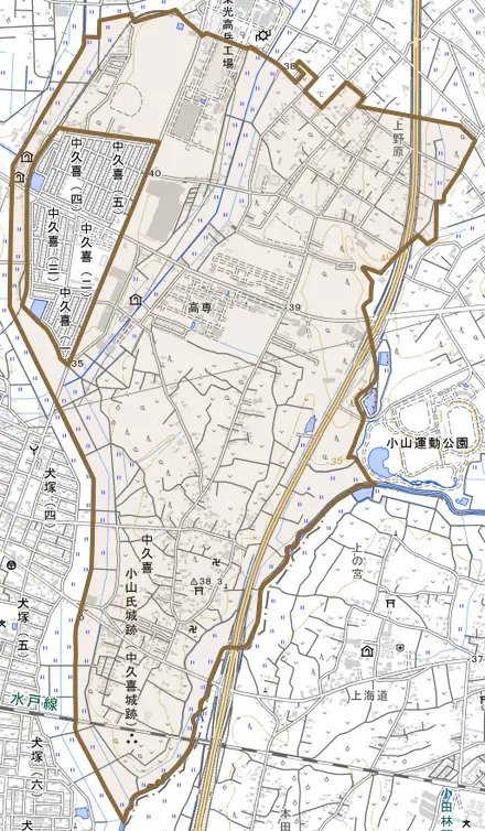 大字中久喜とその周辺の地図。町の範囲を重ねている