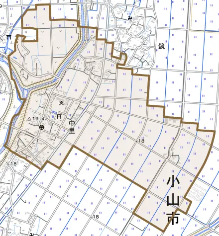 大字中里とその周辺の地図。町の範囲を重ねている