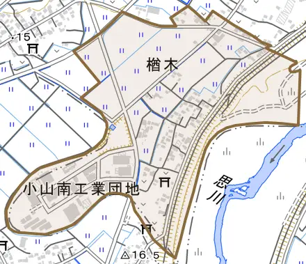 大字楢木とその周辺の地図。町の範囲を重ねている