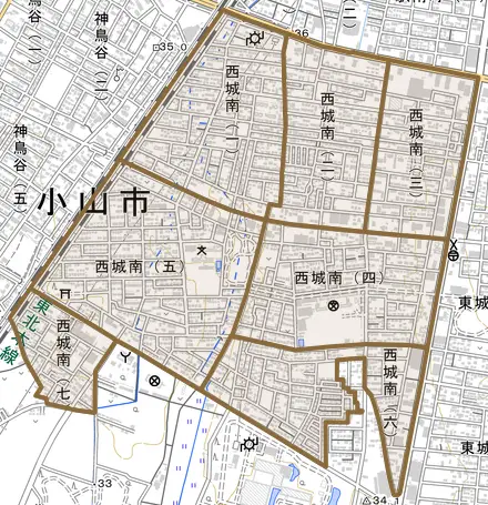 西城南とその周辺の地図。町の範囲を重ねている