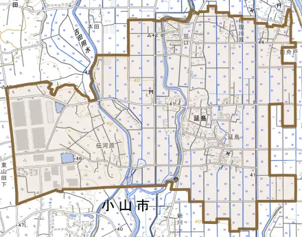 大字延島とその周辺の地図。町の範囲を重ねている