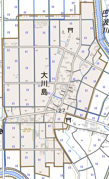 大字大川島とその周辺の地図。町の範囲を重ねている