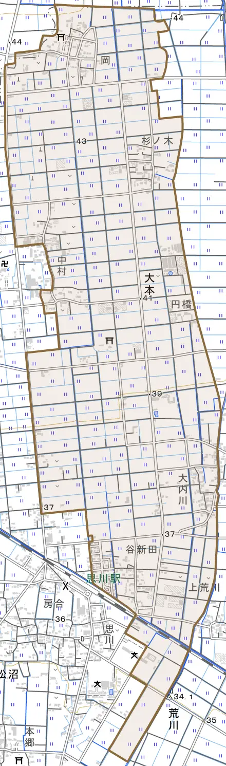 大字大本とその周辺の地図。町の範囲を重ねている