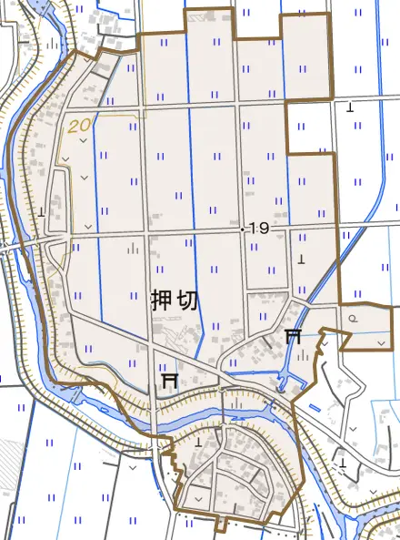 大字押切とその周辺の地図。町の範囲を重ねている