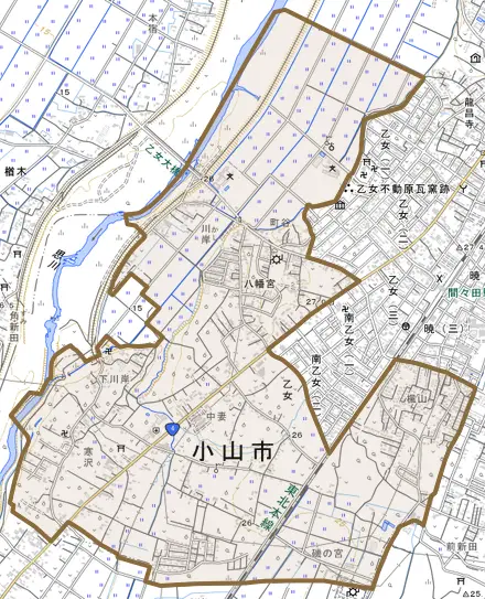 大字乙女とその周辺の地図。町の範囲を重ねている