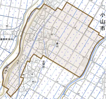 大字寒川とその周辺の地図。町の範囲を重ねている
