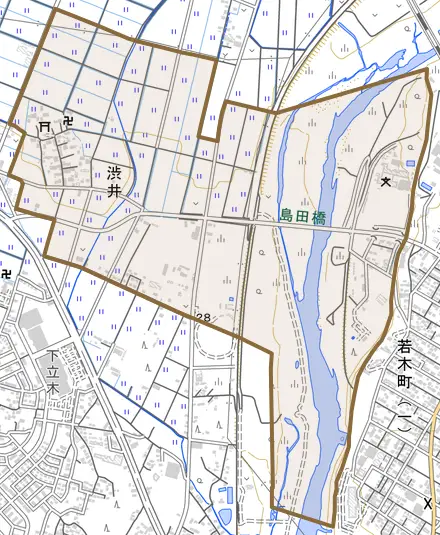 大字渋井とその周辺の地図。町の範囲を重ねている