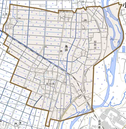 大字島田とその周辺の地図。町の範囲を重ねている