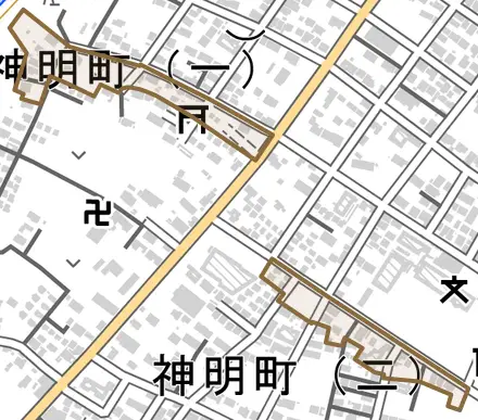 神明町とその周辺の地図。町の範囲を重ねている