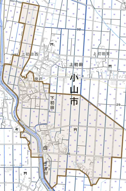 大字下初田とその周辺の地図。町の範囲を重ねている