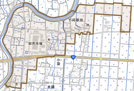 大字下河原田とその周辺の地図。町の範囲を重ねている