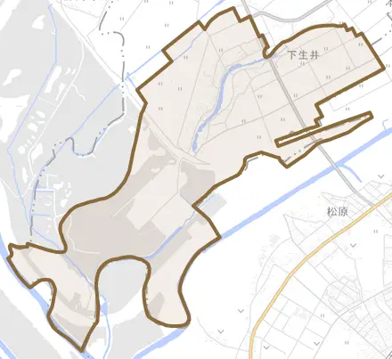 大字下生井とその周辺の地図。町の範囲を重ねている
