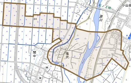 大字塩沢とその周辺の地図。町の範囲を重ねている