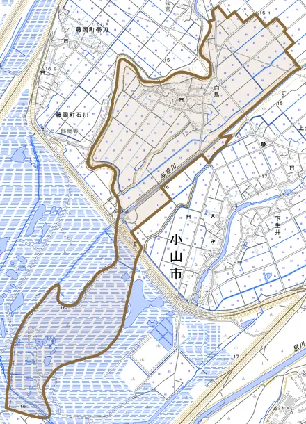 大字白鳥とその周辺の地図。町の範囲を重ねている
