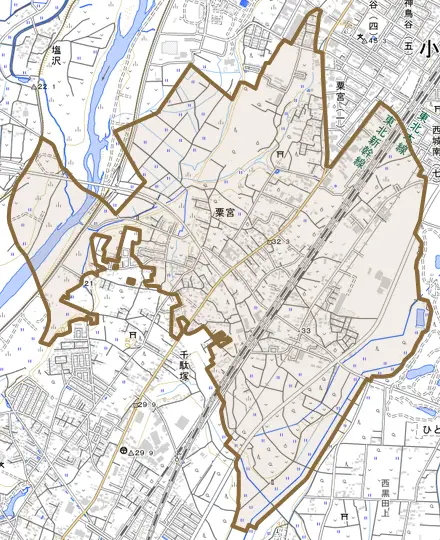 大字粟宮とその周辺の地図。町の範囲を重ねている