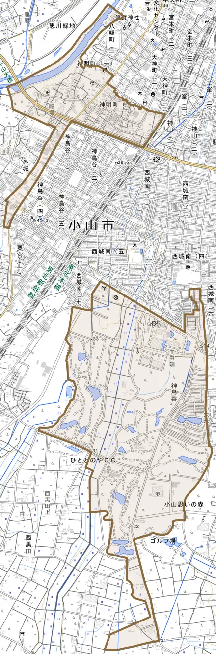 大字神鳥谷とその周辺の地図。町の範囲を重ねている
