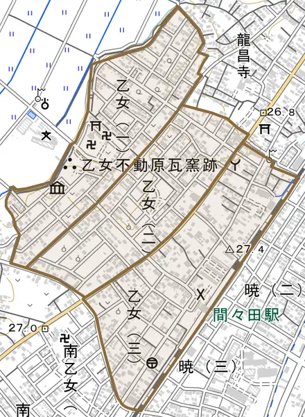乙女とその周辺の地図。町の範囲を重ねている