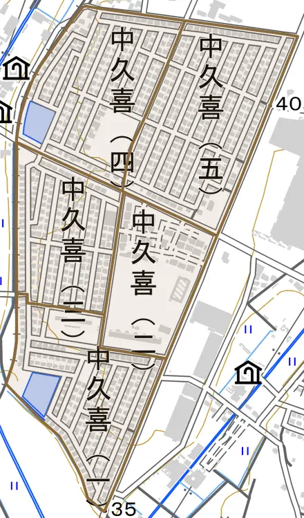 中久喜とその周辺の地図。町の範囲を重ねている