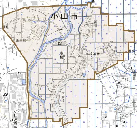 大字高椅とその周辺の地図。町の範囲を重ねている