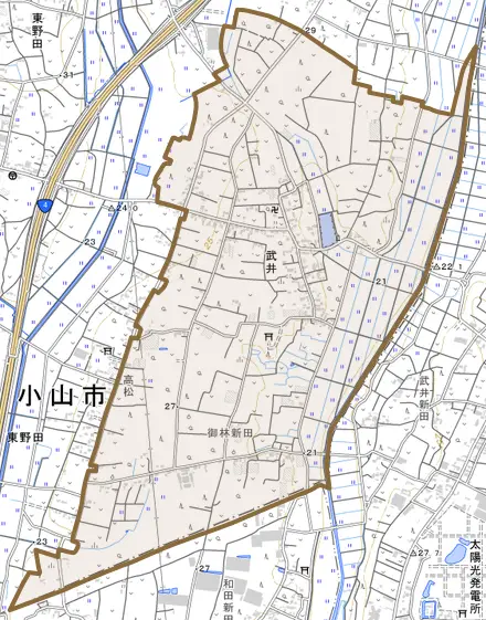 大字武井とその周辺の地図。町の範囲を重ねている