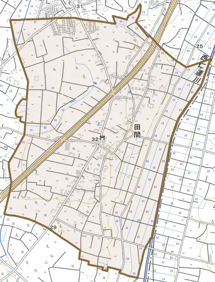 大字田間とその周辺の地図。町の範囲を重ねている