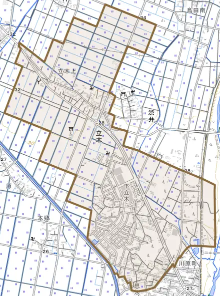 大字立木とその周辺の地図。町の範囲を重ねている
