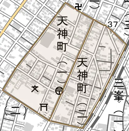 天神町とその周辺の地図。町の範囲を重ねている
