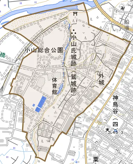 大字外城とその周辺の地図。町の範囲を重ねている