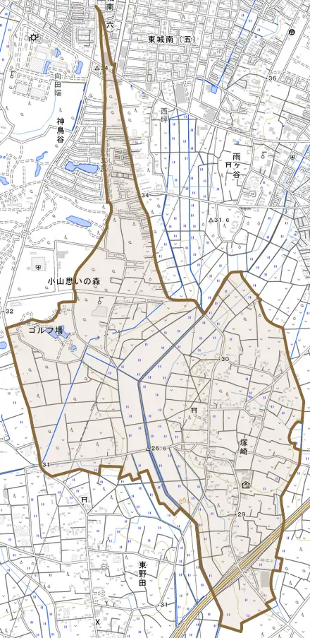 大字塚崎とその周辺の地図。町の範囲を重ねている