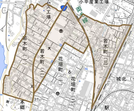 若木町とその周辺の地図。町の範囲を重ねている