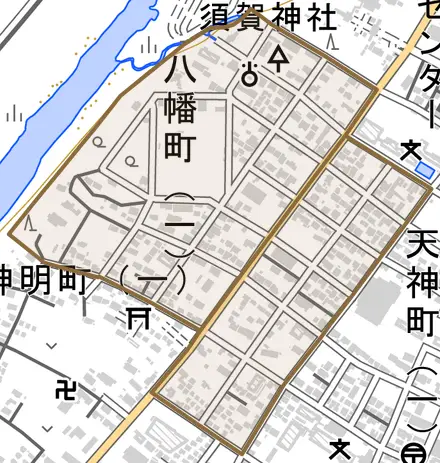 八幡町とその周辺の地図。町の範囲を重ねている