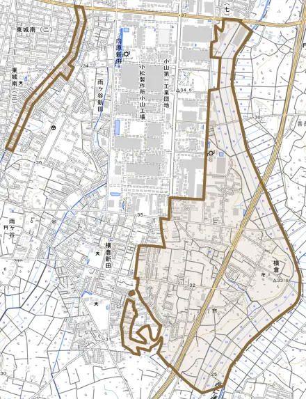 大字横倉とその周辺の地図。町の範囲を重ねている