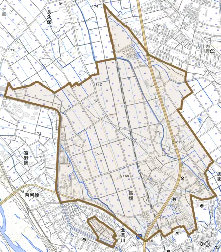 馬場とその周辺の地図。町の範囲を重ねている