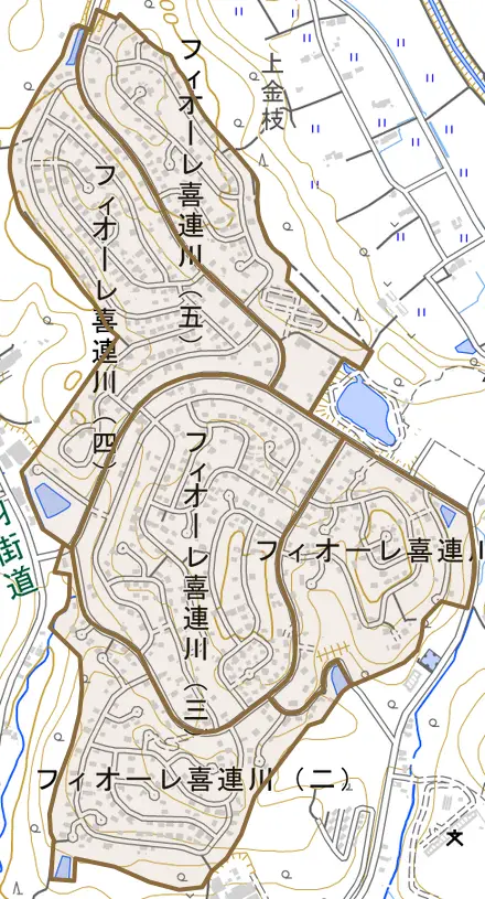 フィオーレ喜連川とその周辺の地図。町の範囲を重ねている