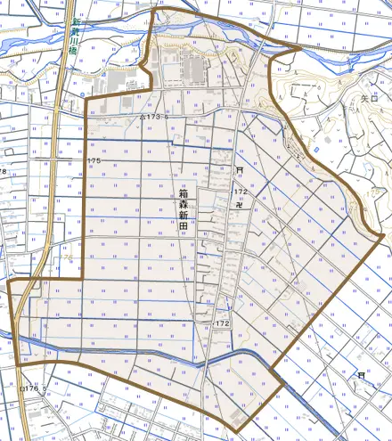 箱森新田とその周辺の地図。町の範囲を重ねている