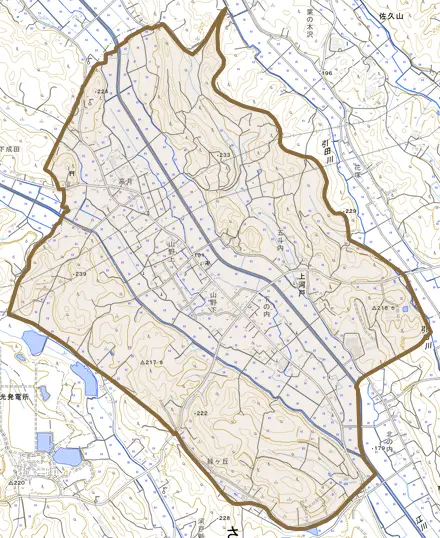 上河戸とその周辺の地図。町の範囲を重ねている