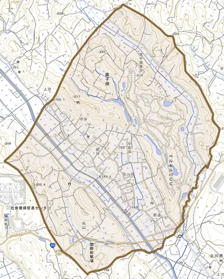 鹿子畑とその周辺の地図。町の範囲を重ねている