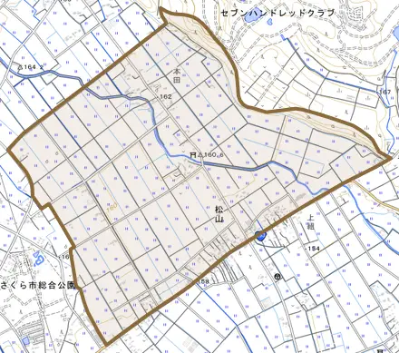 松山とその周辺の地図。町の範囲を重ねている