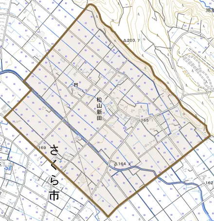 松山新田とその周辺の地図。町の範囲を重ねている