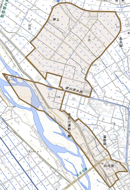 向河原とその周辺の地図。町の範囲を重ねている