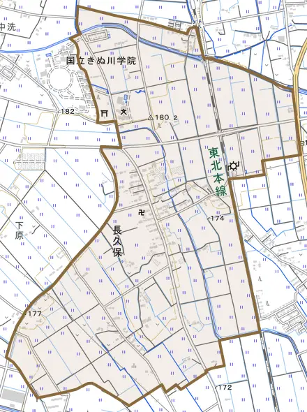 長久保とその周辺の地図。町の範囲を重ねている