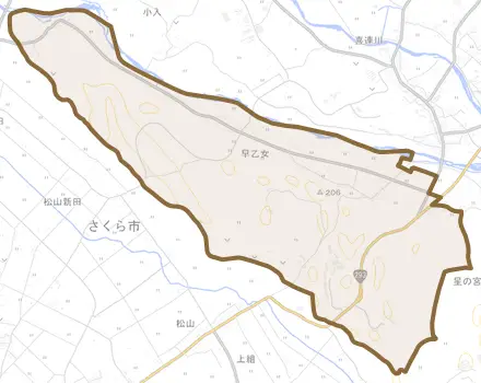早乙女とその周辺の地図。町の範囲を重ねている