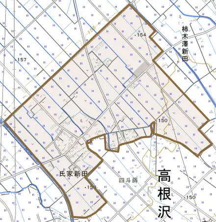氏家新田とその周辺の地図。町の範囲を重ねている