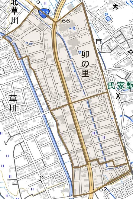卯の里とその周辺の地図。町の範囲を重ねている