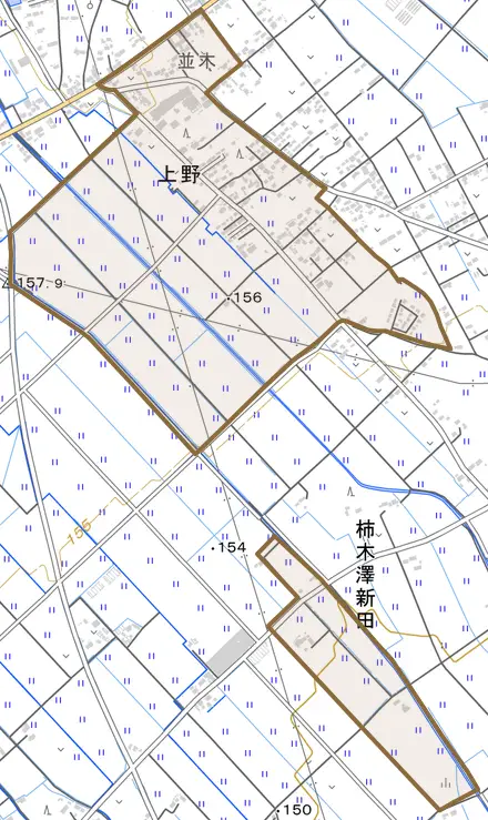 上野とその周辺の地図。町の範囲を重ねている
