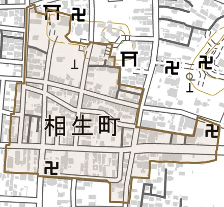 相生町とその周辺の地図。町の範囲を重ねている