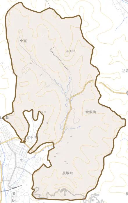 会沢町とその周辺の地図。町の範囲を重ねている