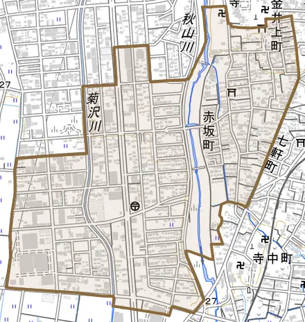 赤坂町とその周辺の地図。町の範囲を重ねている