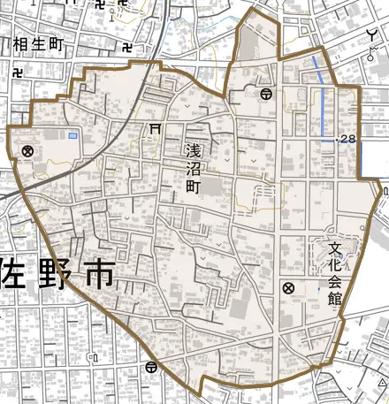 浅沼町とその周辺の地図。町の範囲を重ねている