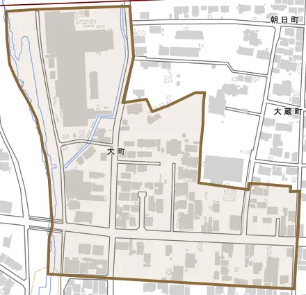 大町とその周辺の地図。町の範囲を重ねている